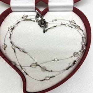 3 string necklace, fresh water white pearl , grey quartz, 20 inch